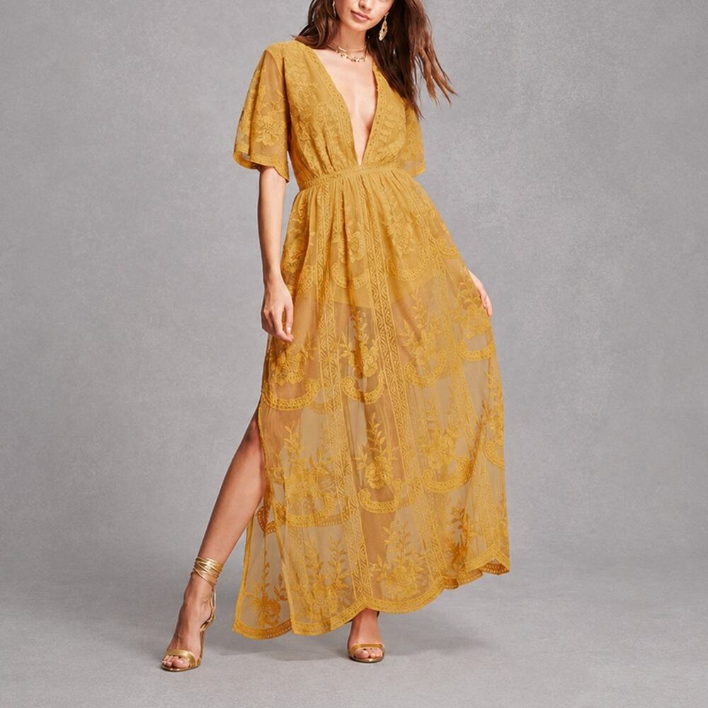 Anthropologie Sohcue Mustard Yellow Sheer Lace V-Neck Maxi Dress Small NWT